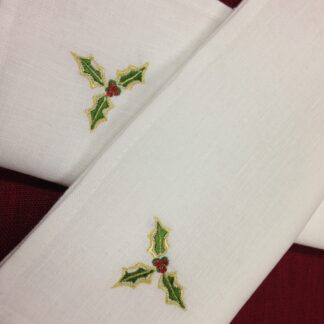 Christmas holly dinner napkins in white Irish linen