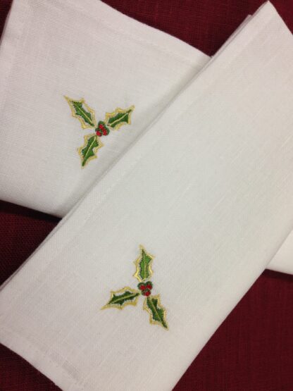 Christmas holly dinner napkins in white Irish linen