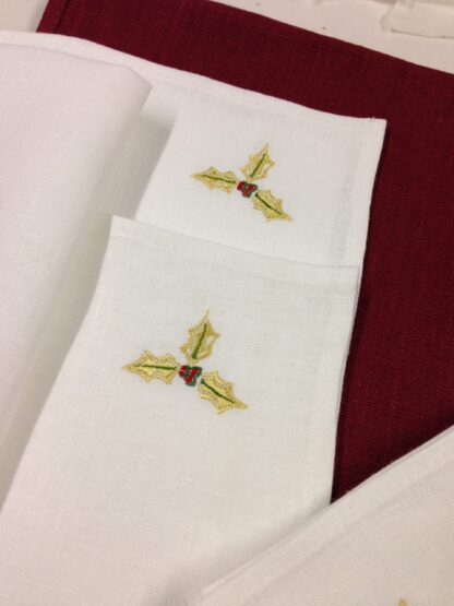 Christmas holly dinner napkins in white Irish linen - Image 4