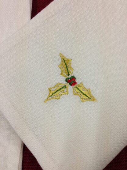Christmas holly dinner napkins in white Irish linen - Image 5