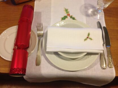 Christmas holly dinner napkins in white Irish linen - Image 9