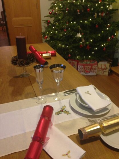 Christmas holly dinner napkins in white Irish linen - Image 3