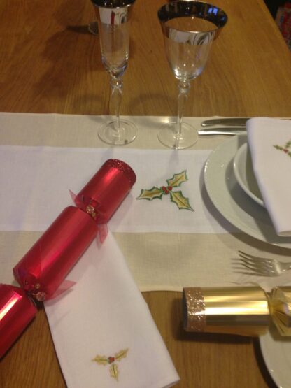 Christmas holly dinner napkins in white Irish linen - Image 6