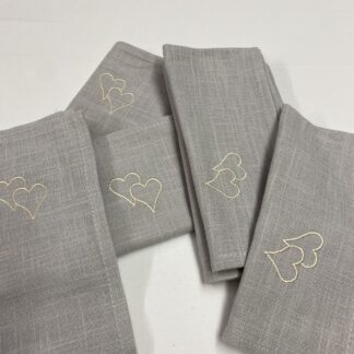 6 x French grey linen mix easy care dinner napkins with hearts