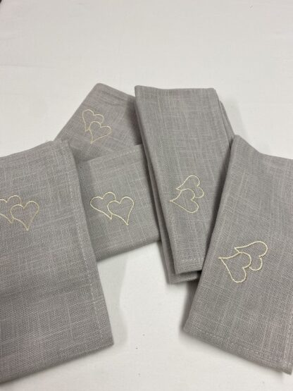 6 x French grey linen mix easy care dinner napkins with hearts
