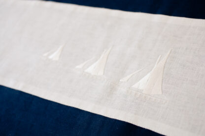 Galway Hooker Sails;  Table runner on Navy/indigo Irish linen Embroidered with white threads on white insert.  "Great Value" - Image 4