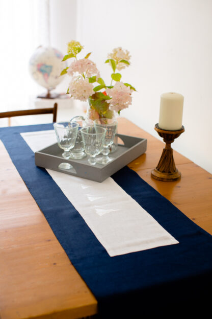 Galway Hooker Sails;  Table runner on Navy/indigo Irish linen Embroidered with white threads on white insert.  "Great Value"