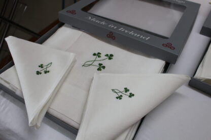 Three little Shamrocks runner in green threads on ivory Irish linen. - Image 2