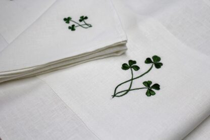 Three little Shamrocks runner in green threads on ivory Irish linen. - Image 6