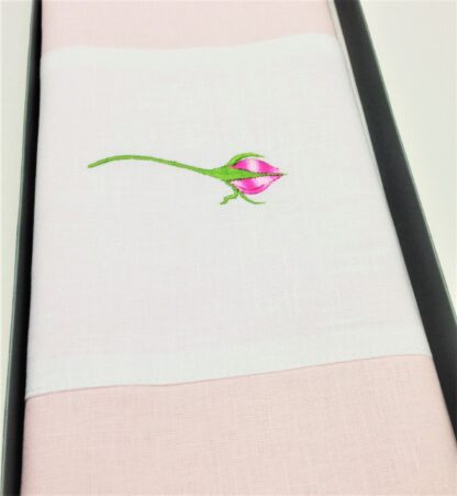 The Irish Rose Bud table runner in pink and white Irish linen - Image 4