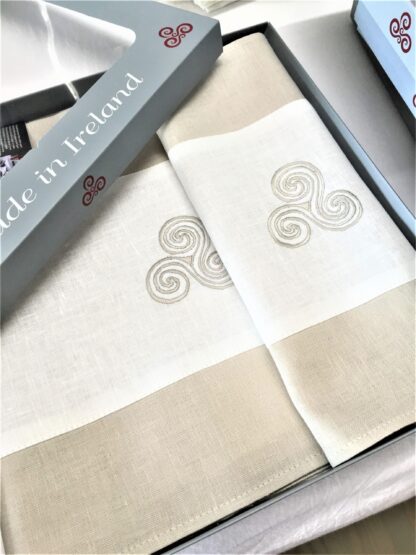 Newgrange Triple Spiral table runner on Ivory and Sandstone Irish Linen  "Sale"
