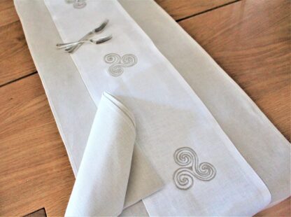Newgrange Triple Spiral table runner on Ivory and Sandstone Irish Linen  "Sale" - Image 4