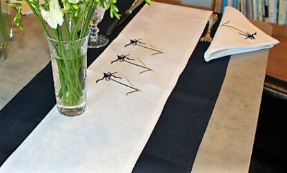 River Daisies Table Runners on navy Irish linen.  Out of Stock - Image 2