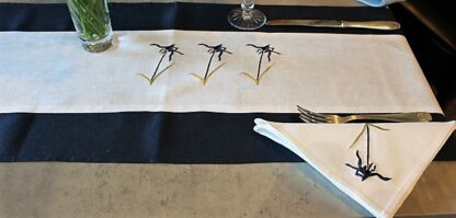 River Daisies Table Runners on navy Irish linen.  Out of Stock - Image 3