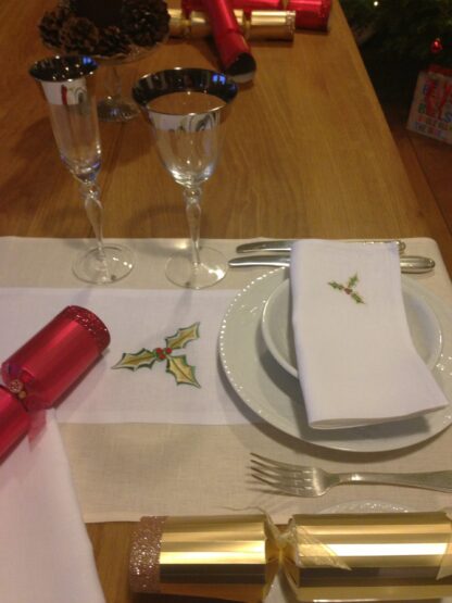 Christmas holly dinner napkins in white Irish linen - Image 7
