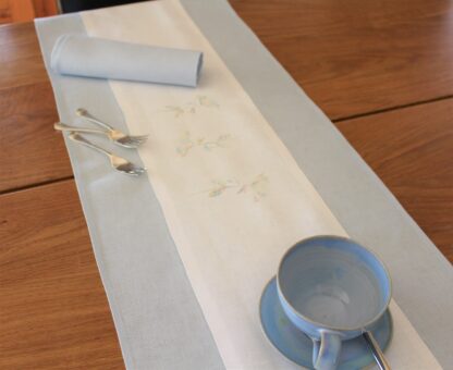 White and duck egg blue Irish linen with embroidered Elderflower - Image 3