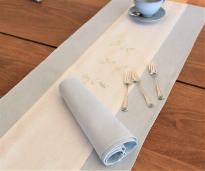 White and duck egg blue Irish linen with embroidered Elderflower