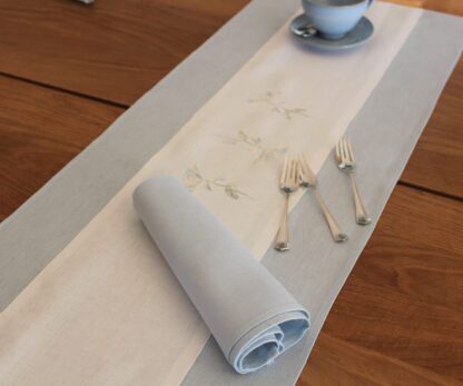 White and duck egg blue Irish linen with embroidered Elderflower - Image 4