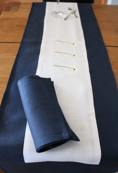 River daisies in lemon on navy/indigo Irish linen table runner. - Image 5