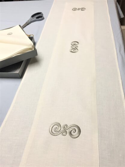 Newgrange Triple Spiral table runner on Ivory and Sandstone Irish Linen  "Sale" - Image 5