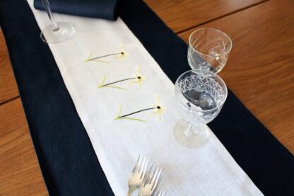 River daisies in lemon on navy/indigo Irish linen table runner.