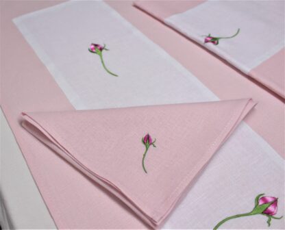 The Irish Rose Bud table runner in pink and white Irish linen