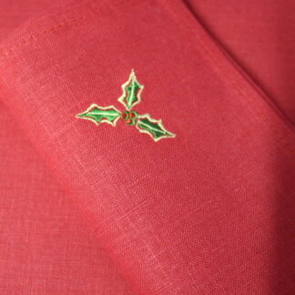 Irish linen dinner napkins in stunning red with green holly