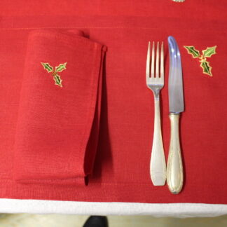 Irish linen placemats in stunning red with green holly