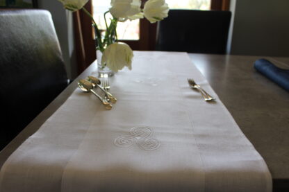 Newgrange Triple Spirals on white linen. back in stock and on Sale!! - Image 5