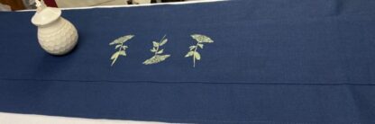 Indigo Irish table runner with wild elderflowers embroidered in Gold - Image 2